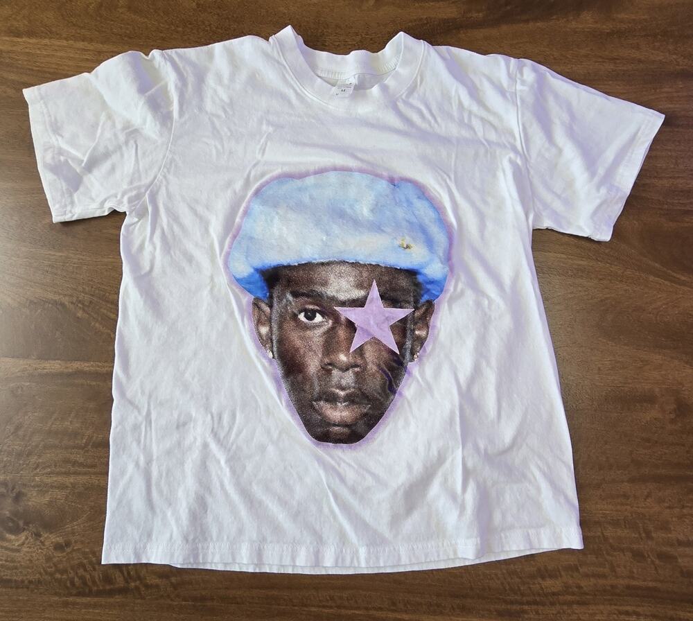 Tyler The Creator White Graphic T-Shirt Blue Hat Pink Star Rap Tee Size M